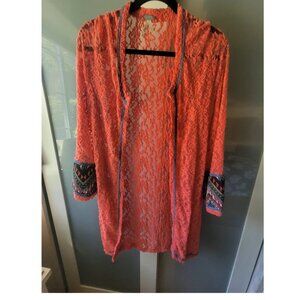 Cardigan Lace Coral Long Sleeve Aztec Trim Gimmicks by BKE (L)